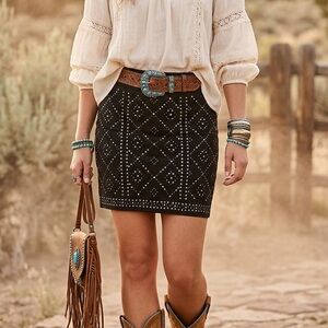 Cache Y2k Black Mini Studded Skirt Western Bohemian Indie Hippie Festival Sz 10